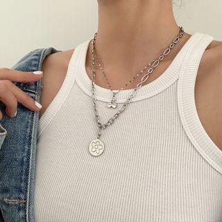 Flower Pendant Layered Stainless Steel Necklace Silver - One Size