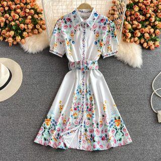 Puff Sleeve Floral Print Dress With Belt