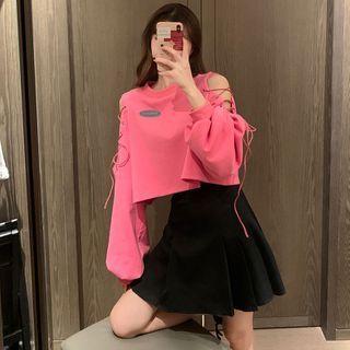 Long-sleeve Cold Shoulder Lace-up Crop Top