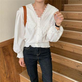 Lantern-sleeve Eyelet Trim Blouse White - One Size