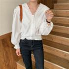 Lantern-sleeve Eyelet Trim Blouse White - One Size