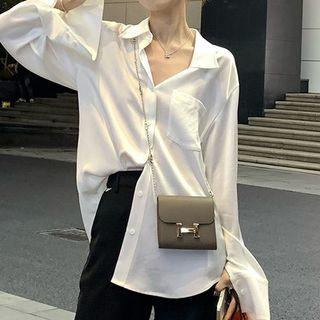 Long-sleeve Plain Draped Satin Shirt