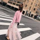 Set: Chunky Knit Sweater + Sheer A-line Midi Skirt Pink - One Size