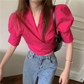 Puff-sleeve V-neck Blouse Rose Pink - One Size