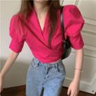 Puff-sleeve V-neck Blouse Rose Pink - One Size