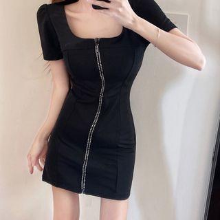 Square Neck Zip Mini Bodycon Dress