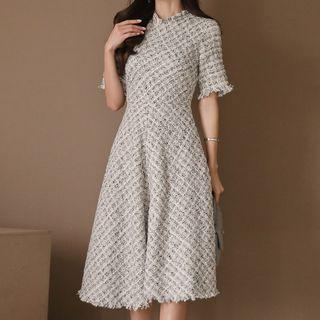 Short-sleeve A-line Tweed Dress
