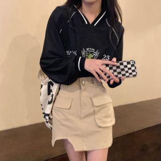 V-neck Print Sweatshirt / Asymmetrical Mini Pencil Skirt