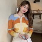 Long-sleeve Patterned Buttoned Knit Top As Shown In Figure - One Size