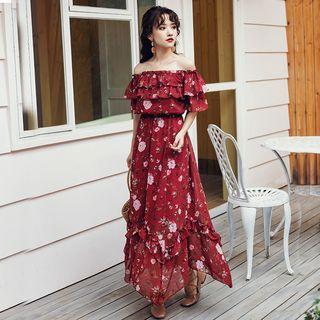 Elbow-sleeve Floral Ruffled Asymmetric A-line Maxi Dress