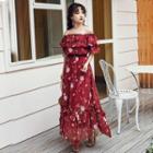 Elbow-sleeve Floral Ruffled Asymmetric A-line Maxi Dress