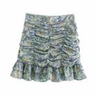Floral Shirred Ruffle Hem Mini A-line Skirt