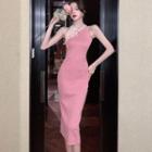 Sleeveless Two-tone Midi Sheath Dress Light Pink & Dark Pink - One Size