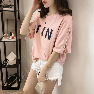 Elbow-sleeve Lace-up Side T-shirt
