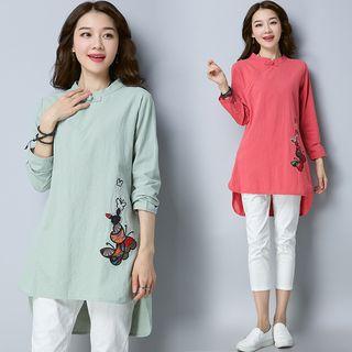 Embroidered Mandarin Collar 3/4 Sleeve Top