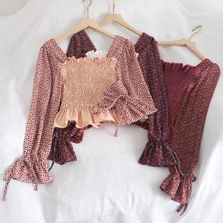 Long-sleeve Floral Print Frill Trim Top