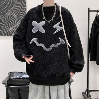 Smiley Face Embroidered Fleece Sweatshirt