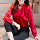 Long-sleeve Faux Pearl Chain-accent Blouse