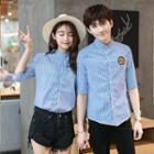 Couple Matching Striped Elbow-sleeve Stand Collar Shirt