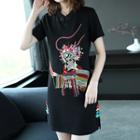 Short-sleeve Printed Qipao Mini Dress