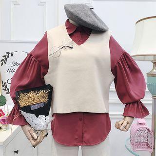 Set: Bell-sleeve Shirt + Knit Vest