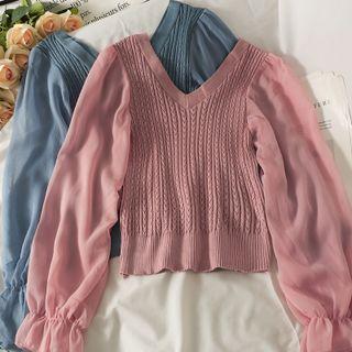 Patchwork Deep V-neck Crop Knit Top
