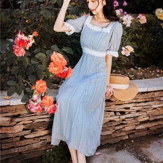 Elbow-sleeve Square-neck Lace Trim Midi A-line Dress