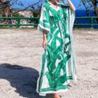 Elbow-sleeve Leaf Print Midi A-line Dress Green - One Size