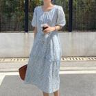 Elbow-sleeve Floral Print Midi A-line Dress Flower - Purple & Yellow - One Size
