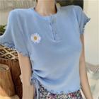 Flower Embroidered Short-sleeve Drawstring Knit Cropped Top