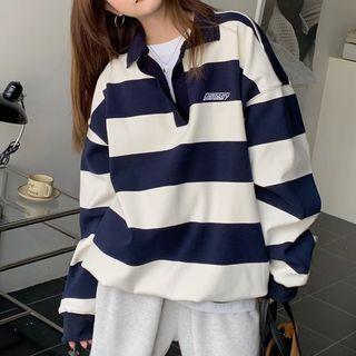Polo Collar Stripe Loose Fit Sweatshirt