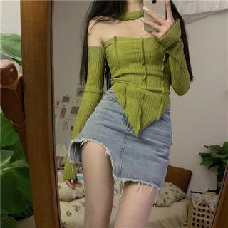 Long-sleeve Off-shoulder Knit Top Green - One Size