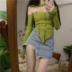Long-sleeve Off-shoulder Knit Top Green - One Size