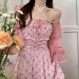Halter-neck Floral Print A-line Layered Dress