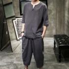 Set: V-neck Elbow-sleeve T-shirt + Capri Pants