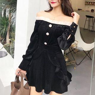 Set: Velvet Off-shoulder Long-sleeve Top + Ruffle Trim A-line Skirt