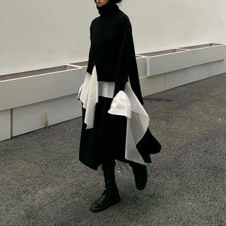 Mock Two-piece Paneled Sweater / Midi A-line Skirt