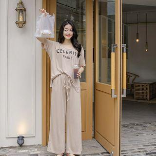 Set: Letter Silky T-shirt + Wide-leg Pants