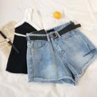 Distressed High-waist Roll-up Denim Shorts With Belt