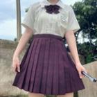 Set: Short-sleeve Shirt + Plaid Pleated Skirt + Bow Tie