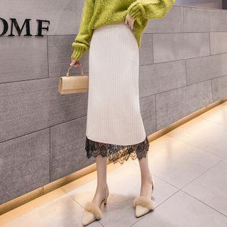 Lace Trim Midi A-line Knit Skirt