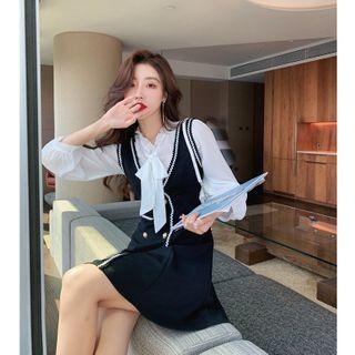 Set: Plain Blouse + Sleeveless Double Breasted Dress