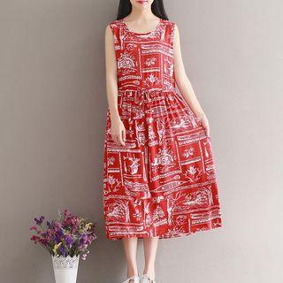 Sleeveless Drawstring Patterned Dress