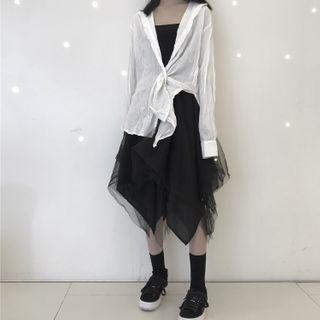 Set: Asymmetric Long-sleeve Jacket + Asymmetric Spaghetti-strap Dress
