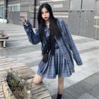 Sleeveless Plaid Panel Vest / Plaid Panel Button Shirt / Plaid Pleated Skirt