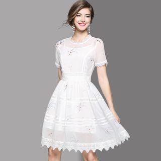Lace Trim Printed A-line Dress