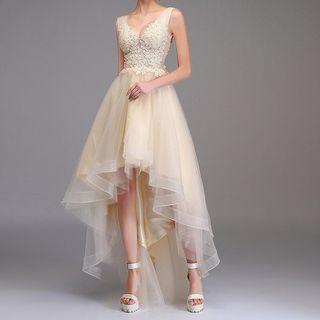 Flower Applique Sleeveless Dip-back A-line Prom Dress