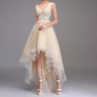 Flower Applique Sleeveless Dip-back A-line Prom Dress
