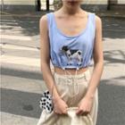 Cow Print Drawstring Cropped Tank Top Blue - One Size
