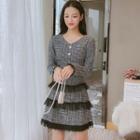 Long-sleeve Mesh Trim Tweed A-line Mini Dress